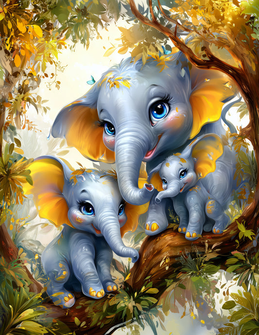 Elephant — Cute Cartoon Family Art, Bold Colors Digital Wall Art, 3 Sizes Included, Nursery Decor