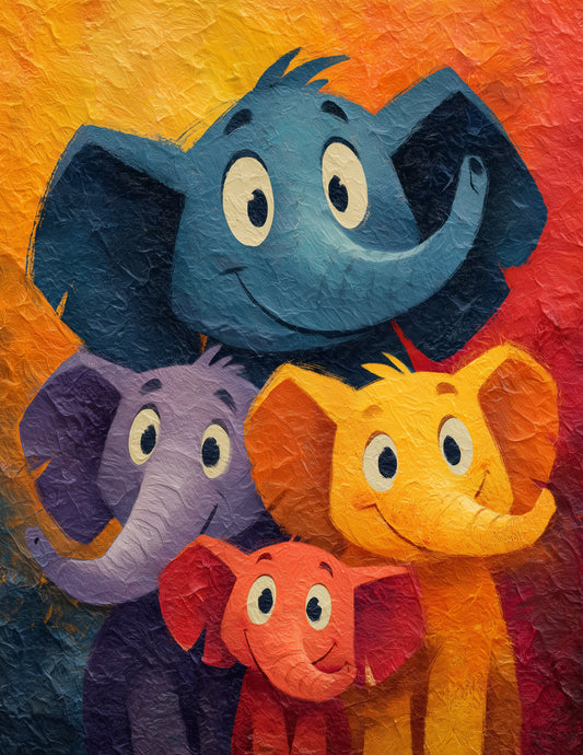 Elephant — Cute Cartoon Family Art, Soft Pastels Digital Wall Art, 3 Sizes Included, Nursery Decor