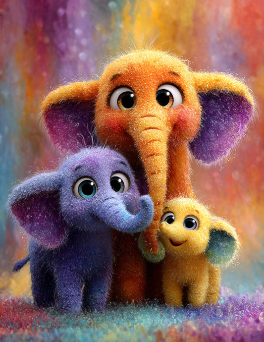 Elephant — Cute Cartoon Family Art, Vibrant Palette Digital Wall Art, 3 Sizes Included, Nursery Decor