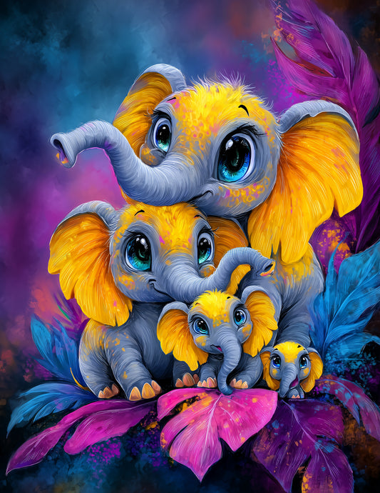 Elephant — Cute Cartoon Family Art, Warm Palette Digital Wall Art, 3 Sizes Included, Nursery Decor