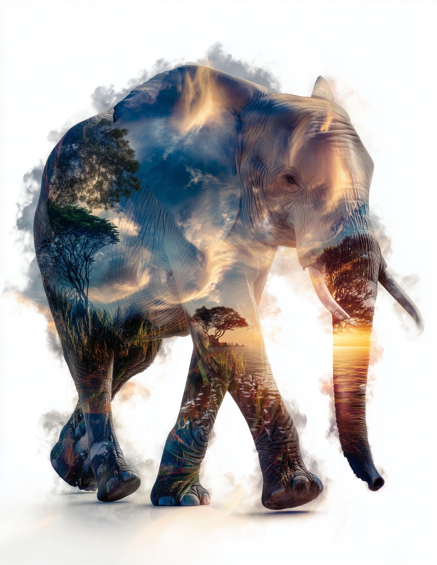 Elephant — Double Exposure Art, Golden Mist Digital Wall Art, 3 Sizes Included, Living Room Decor