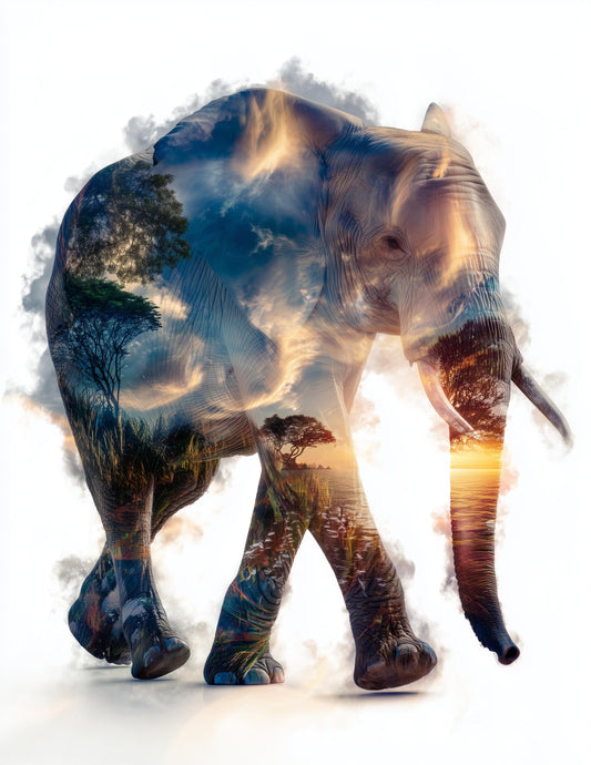 Elephant — Double Exposure Art, Golden Mist Digital Wall Art, 3 Sizes Included, Living Room Decor