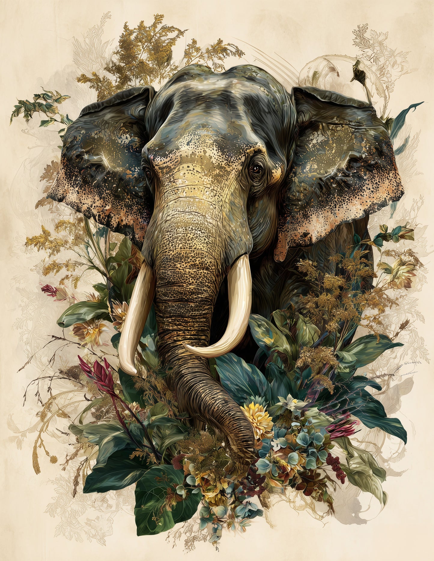 Elephant — Naturalist Art, Gold Texture Digital Wall Art, 3 Sizes Included, Living Room Decor