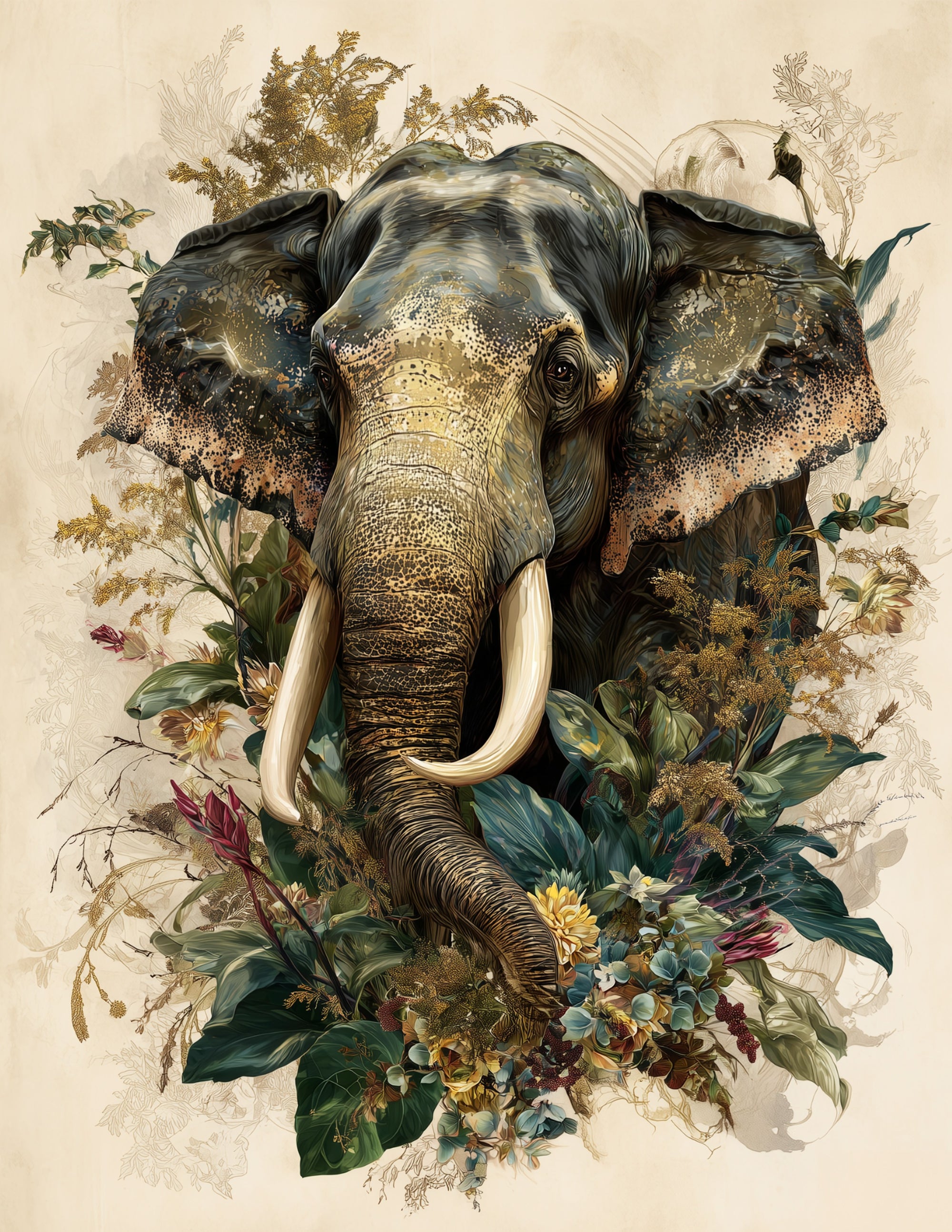 Elephant — Naturalist Art, Gold Texture Digital Wall Art, 3 Sizes Included, Living Room Decor
