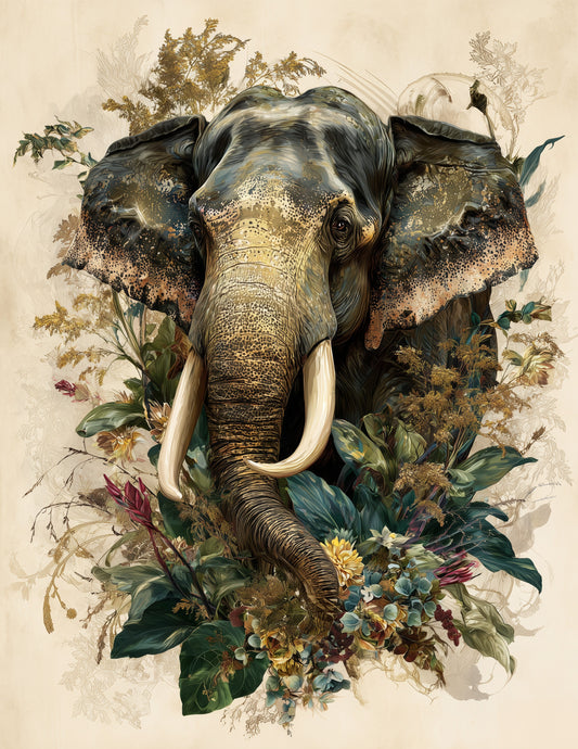 Elephant — Naturalist Art, Gold Texture Digital Wall Art, 3 Sizes Included, Living Room Decor