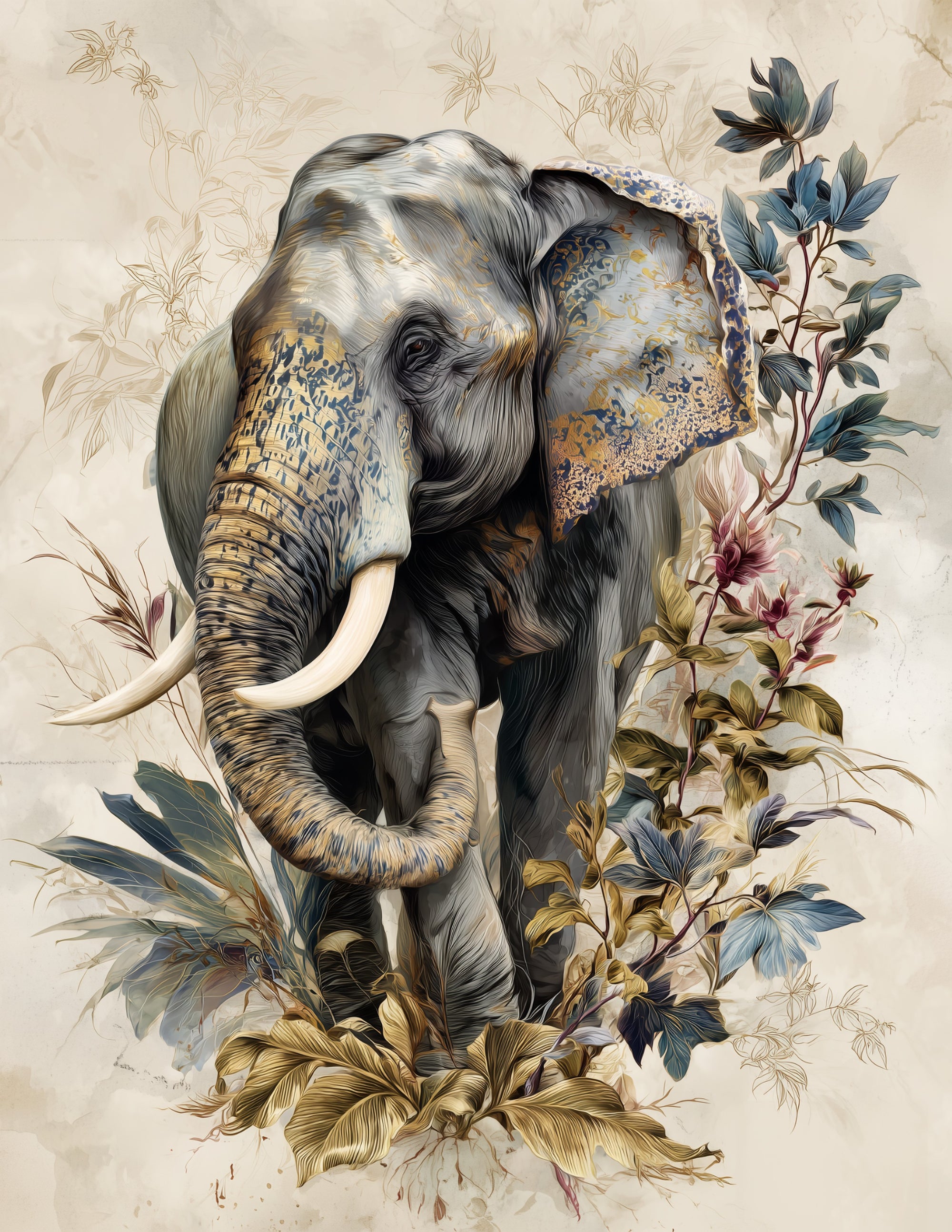 Elephant — Naturalist Art, Indigo Highlights Digital Wall Art, 3 Sizes Included, Living Room Decor