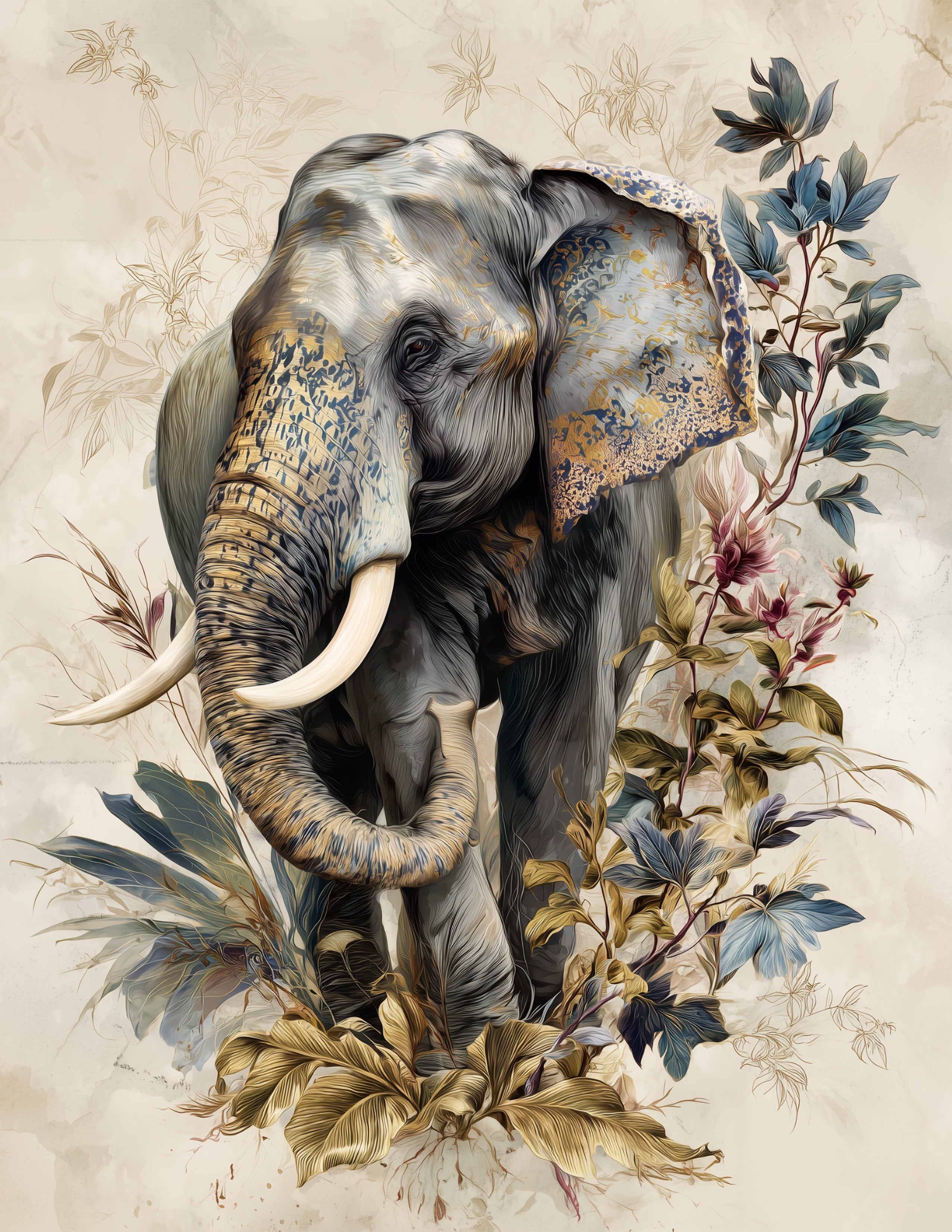 Elephant — Naturalist Art, Indigo Highlights Digital Wall Art, 3 Sizes Included, Living Room Decor