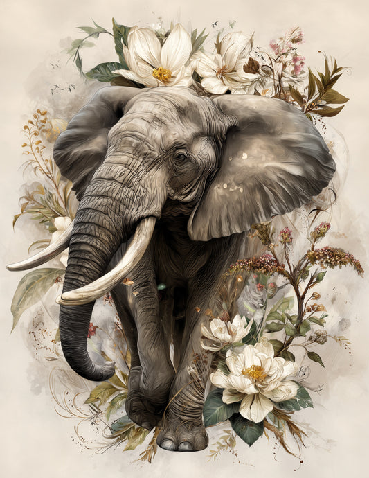Elephant — Naturalist Art, Ivory Detail Digital Wall Art, 3 Sizes Included, Living Room Decor