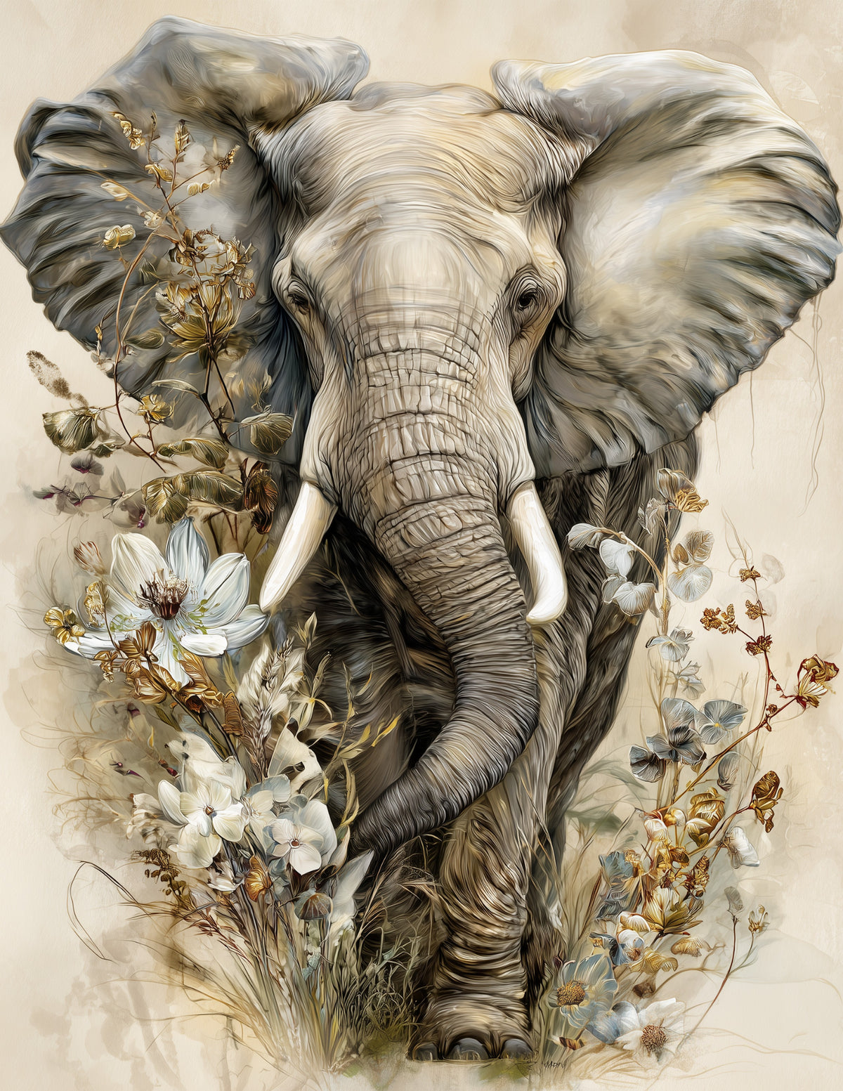 Elephant — Naturalist Art, Soft Tones Digital Wall Art, 3 Sizes Included, Living Room Decor