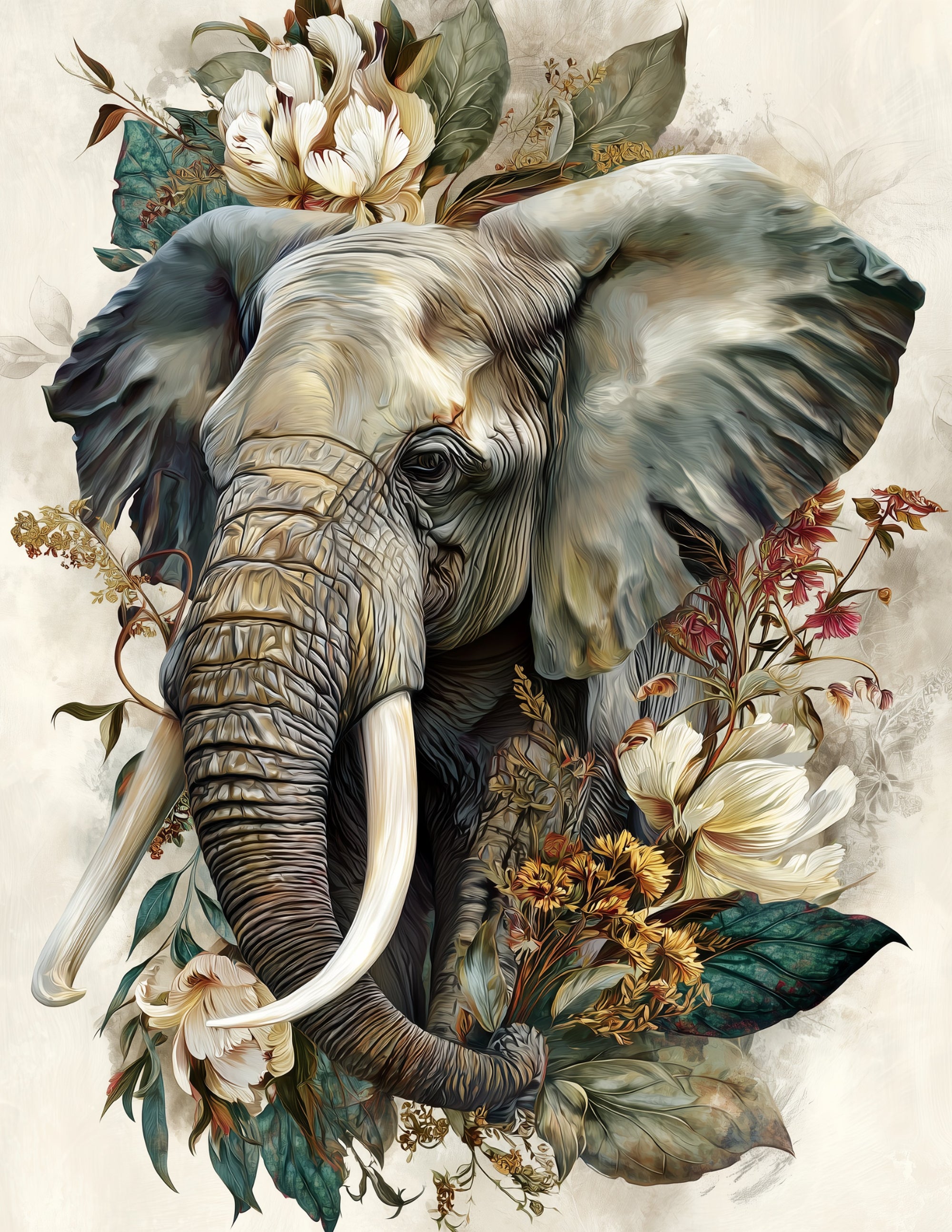 Elephant — Naturalist Art, Teal Hues Digital Wall Art, 3 Sizes Included, Living Room Decor