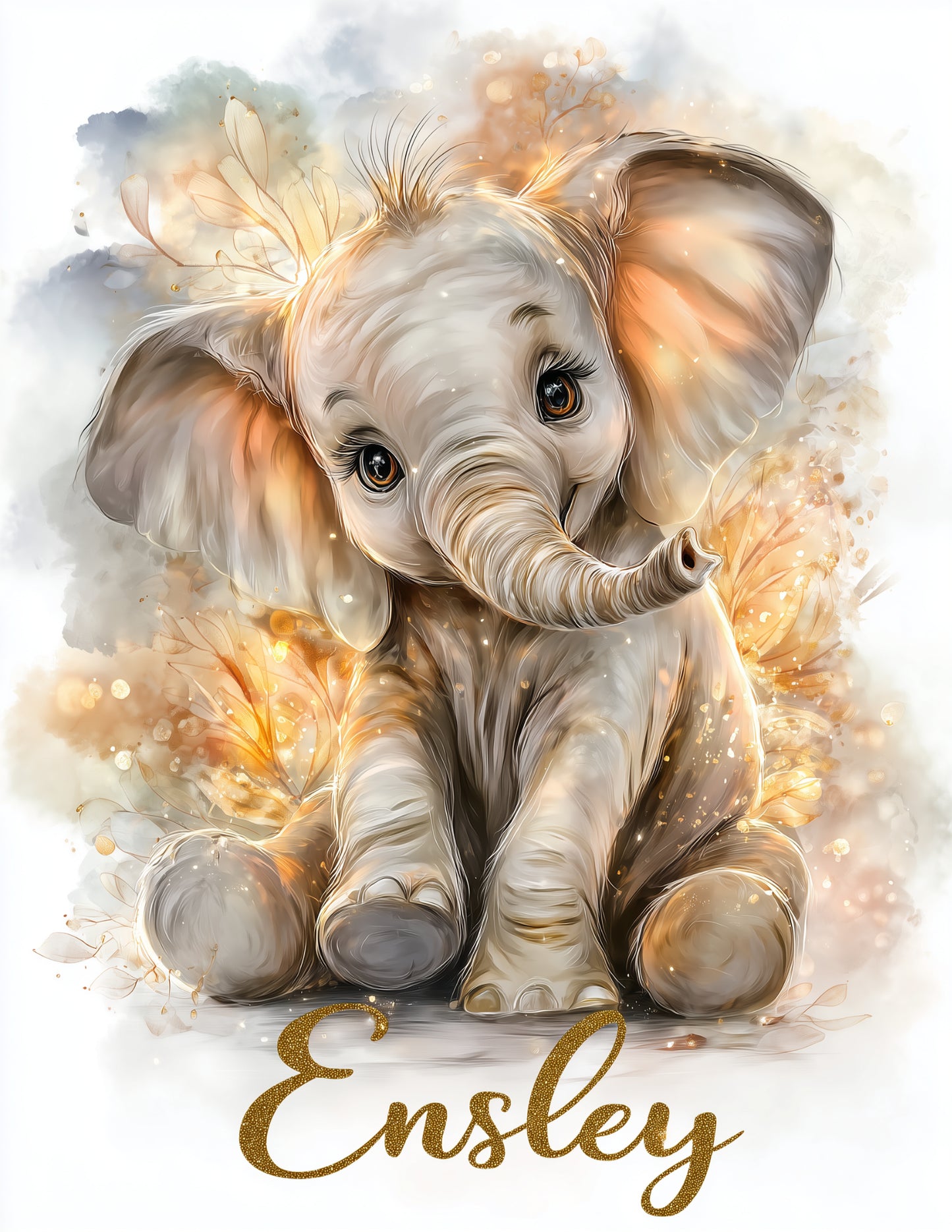 Elephant Nursery  Personalized Art Warm Bloom Digital Wall Art, 3 Sizes Included, Living Room Decor