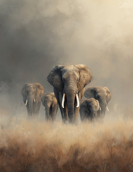 Elephant — Realistic Family Art, Warm Palette Digital Wall Art, 3 Sizes Included, Living Room Decor