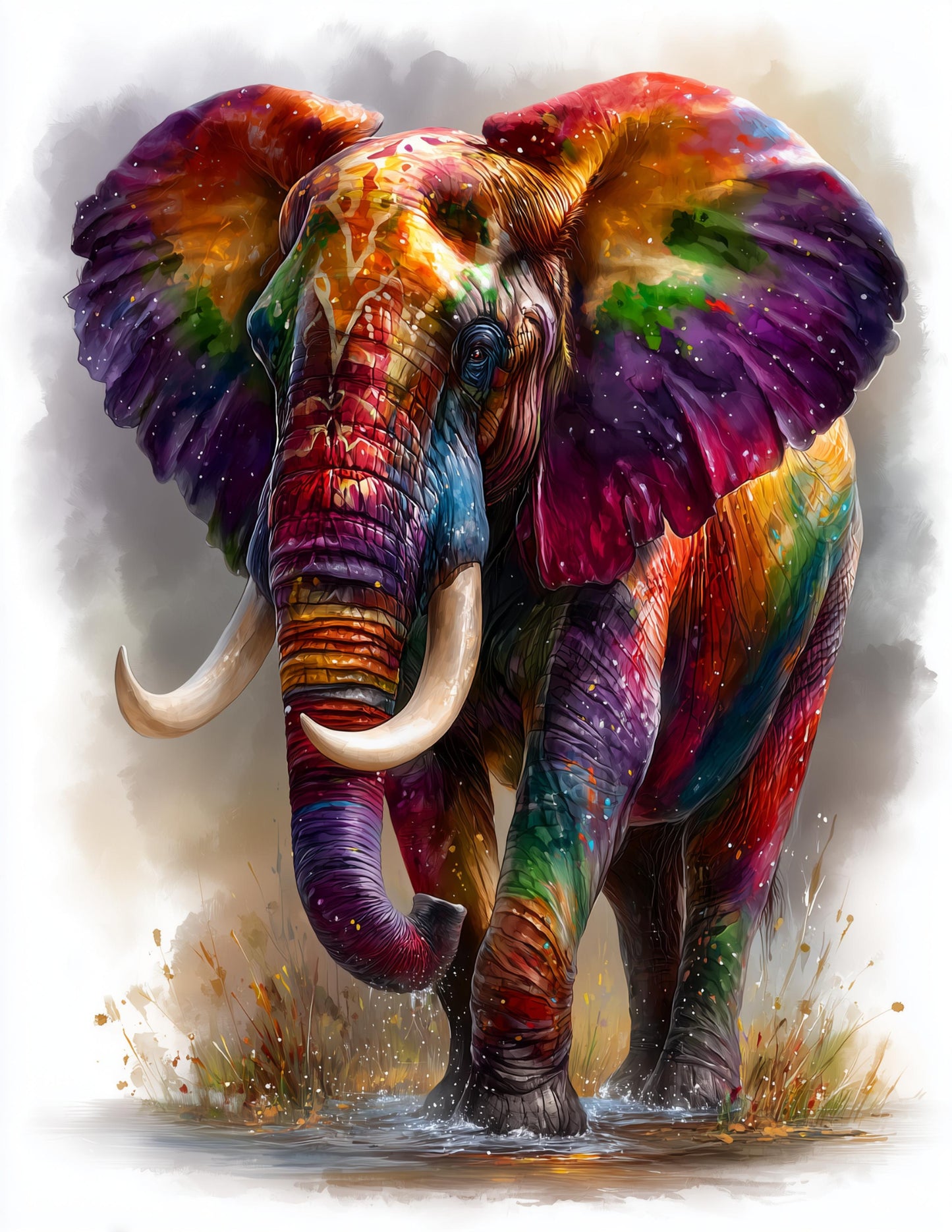 Elephant — Watercolor Art, Rainbow Burst Digital Wall Art, 3 Sizes Included, Living Room Decor