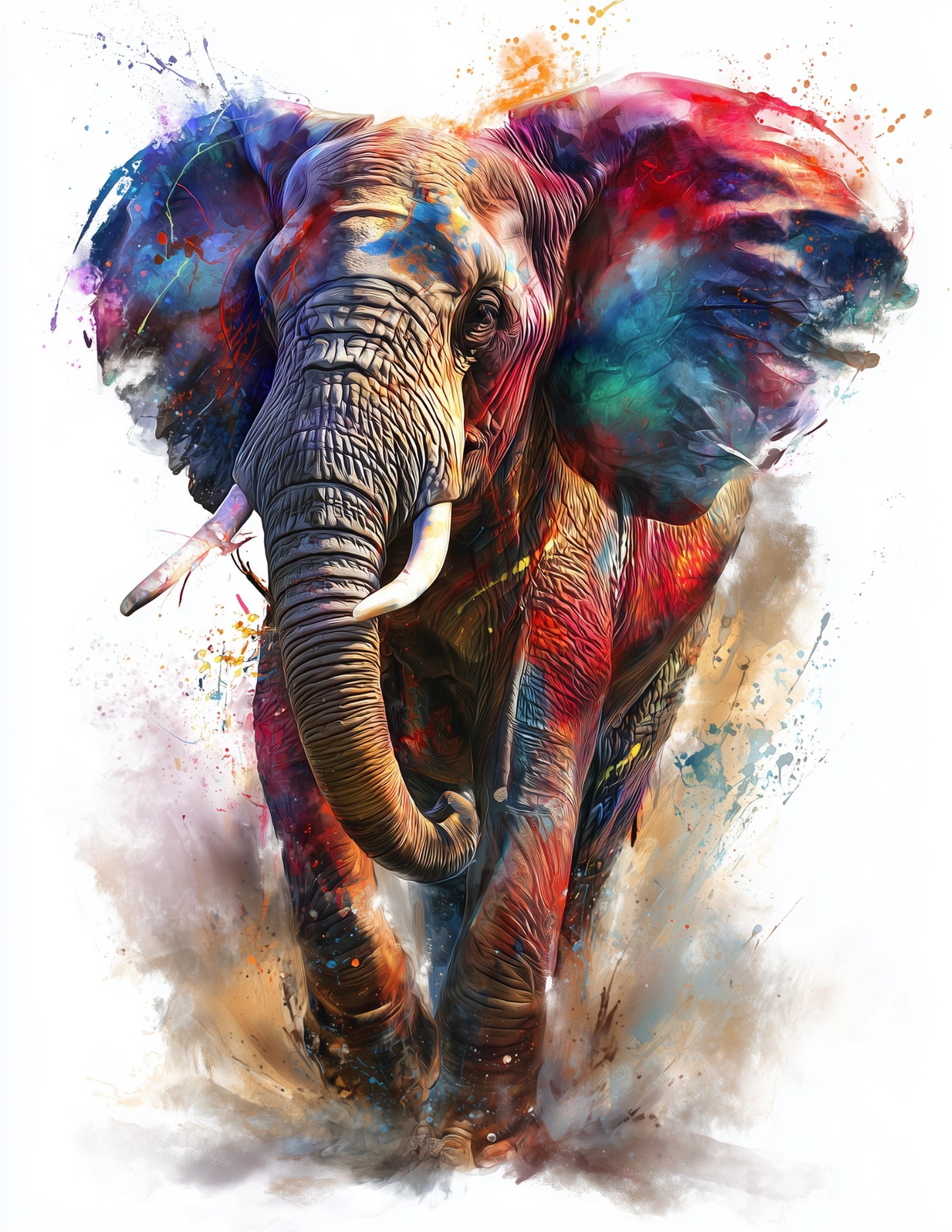 Elephant — Watercolor Art, Vibrant Splash Digital Wall Art, 3 Sizes Included, Living Room Decor