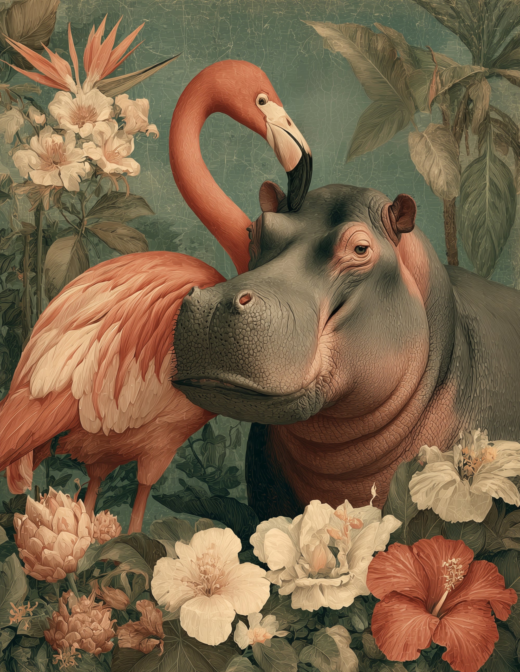 Flamingo & Hippo — Boho Earthy Palette Duo Wall Art, 3 Sizes Included, Living Room Decor