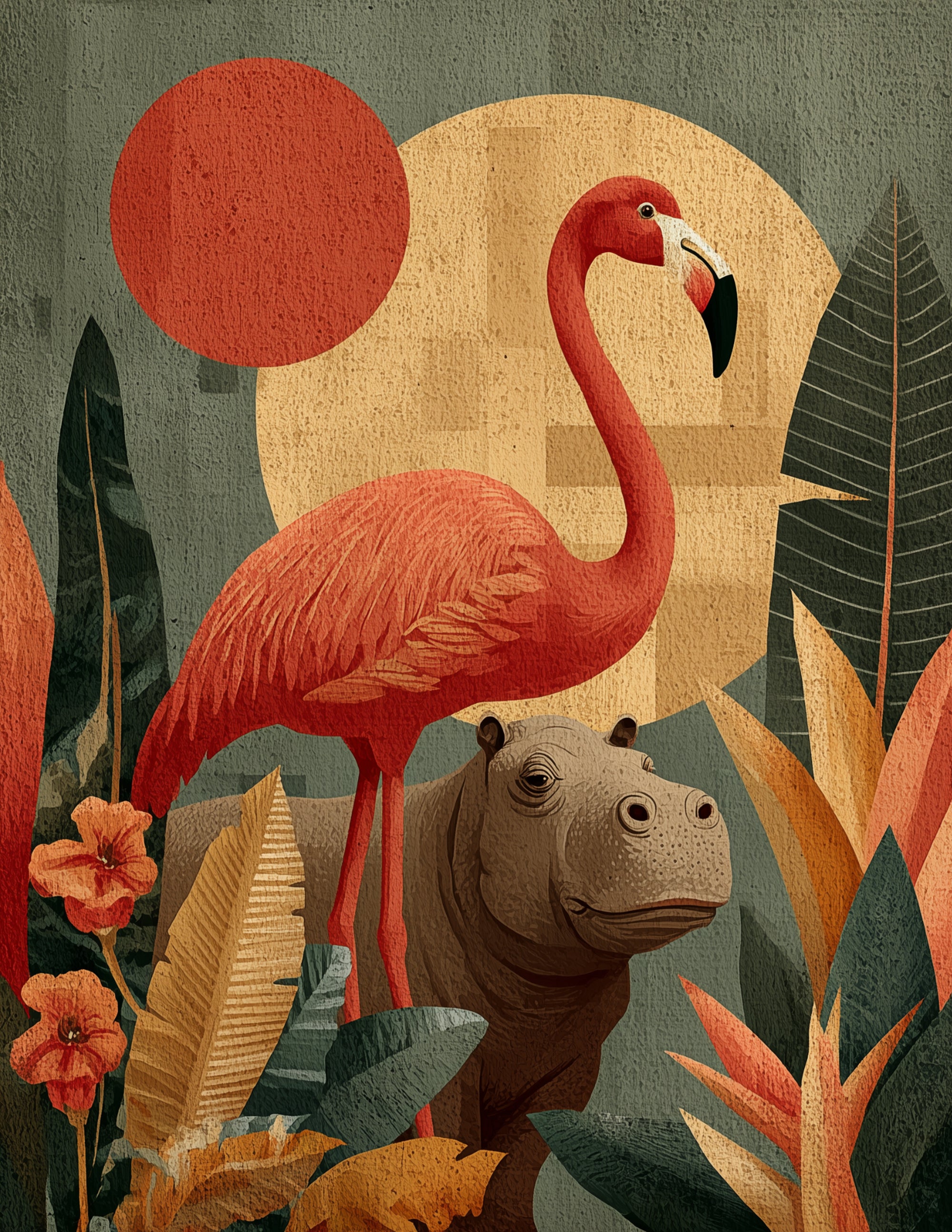 Flamingo & Hippo — Boho Muted Tones Duo Wall Art, 3 Sizes Included, Living Room Decor