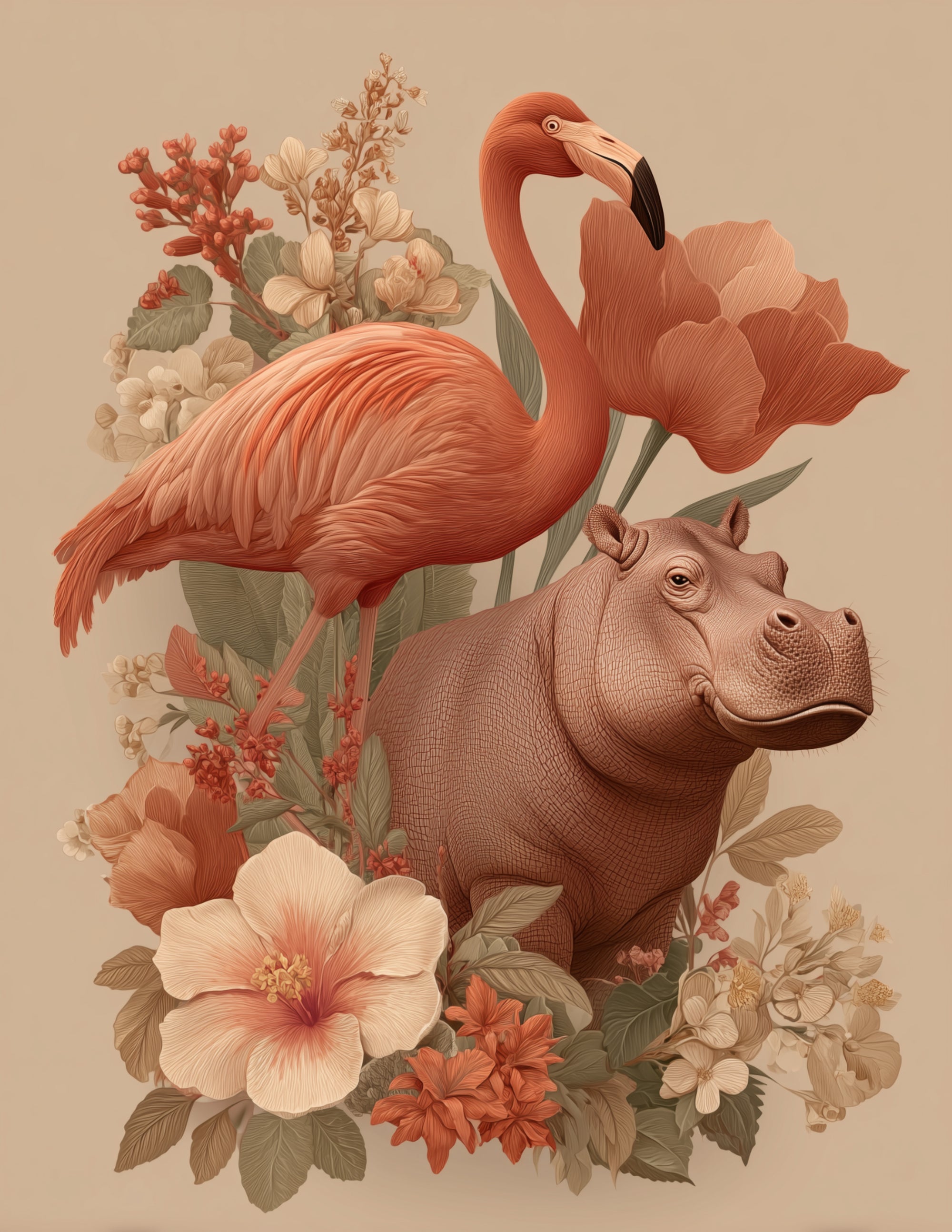Flamingo & Hippo — Boho Soft Pastels Duo Wall Art, 3 Sizes Included, Living Room Decor