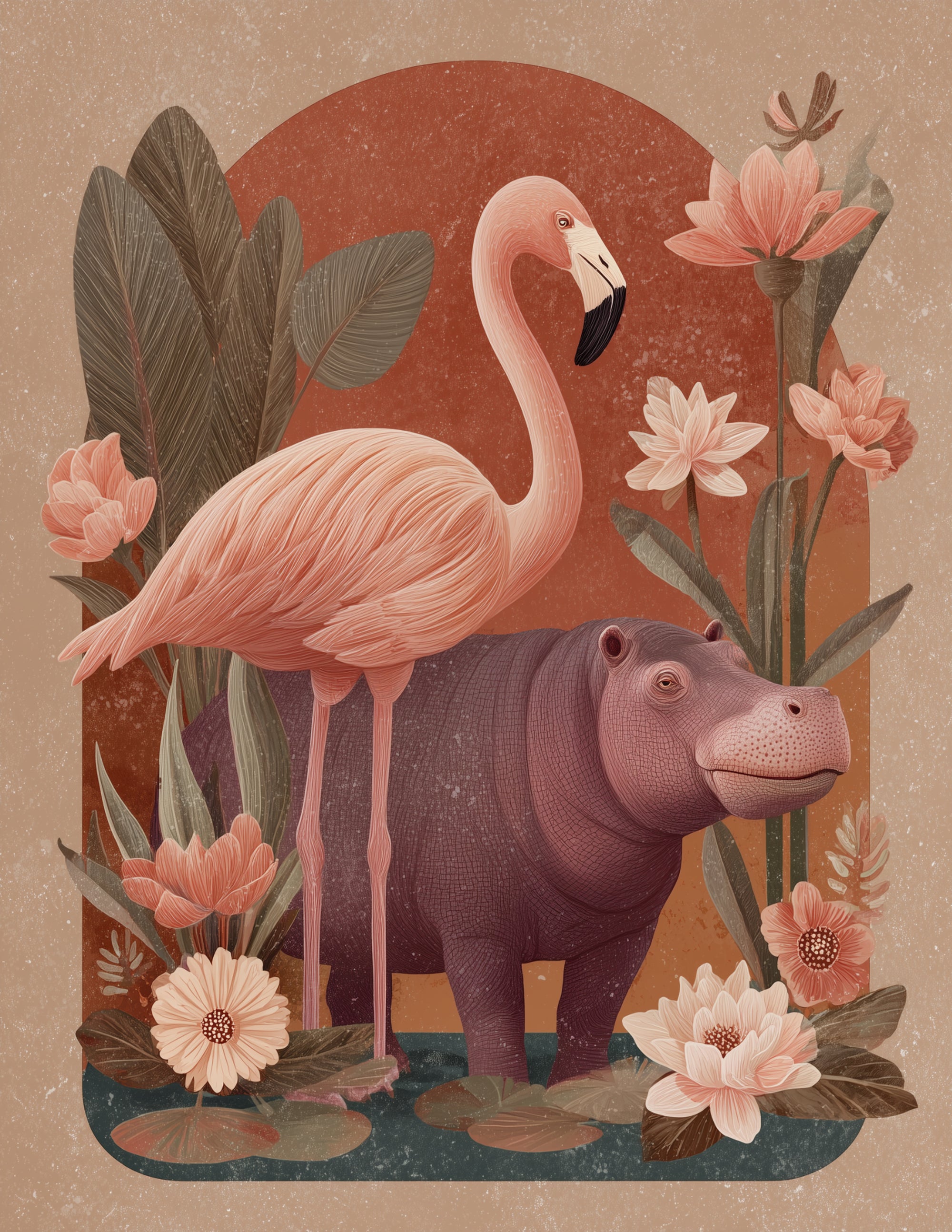 Flamingo & Hippo — Boho Sunset Hues Duo Wall Art, 3 Sizes Included, Living Room Decor