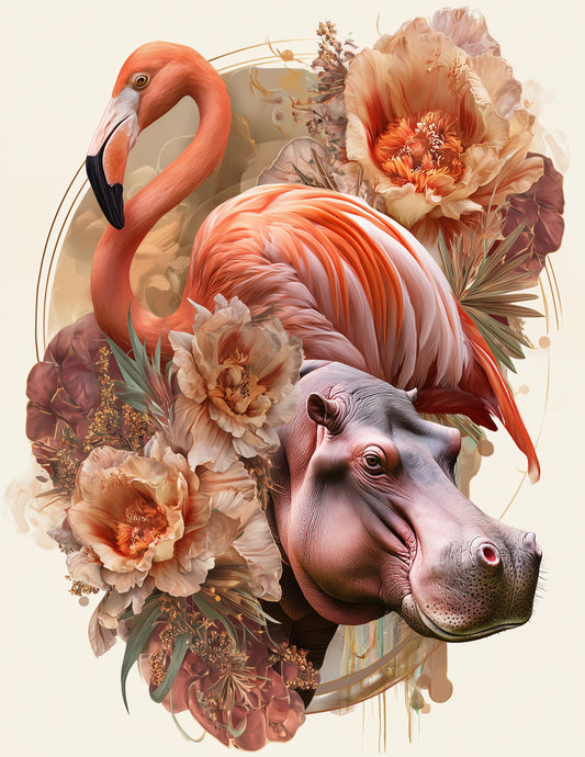 Flamingo & Hippo — Boho Warm Tones Duo Wall Art, 3 Sizes Included, Living Room Decor