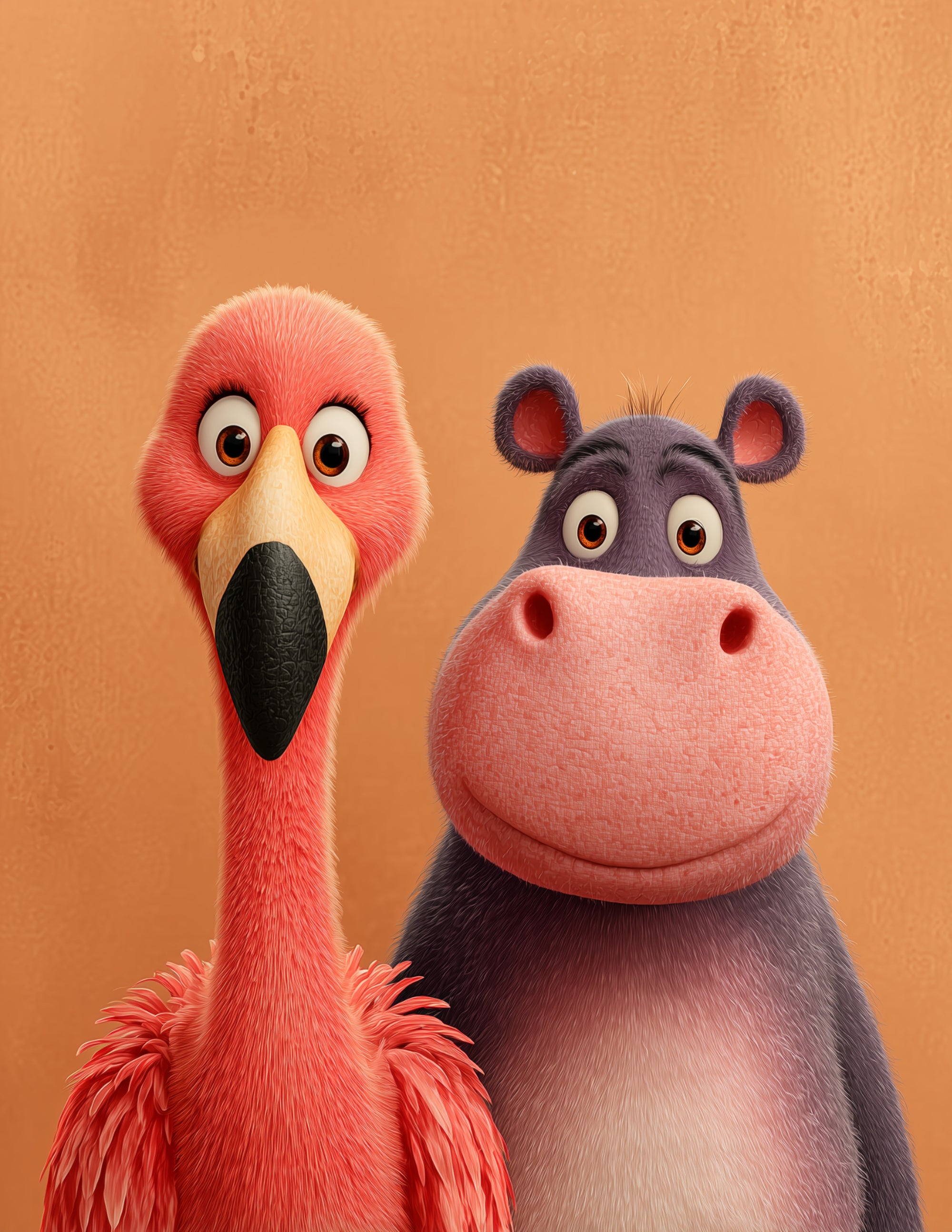 Flamingo & Hippo — Cute Cartoon Coral Hues Duo Wall Art, 3 Sizes Included, Nursery Decor