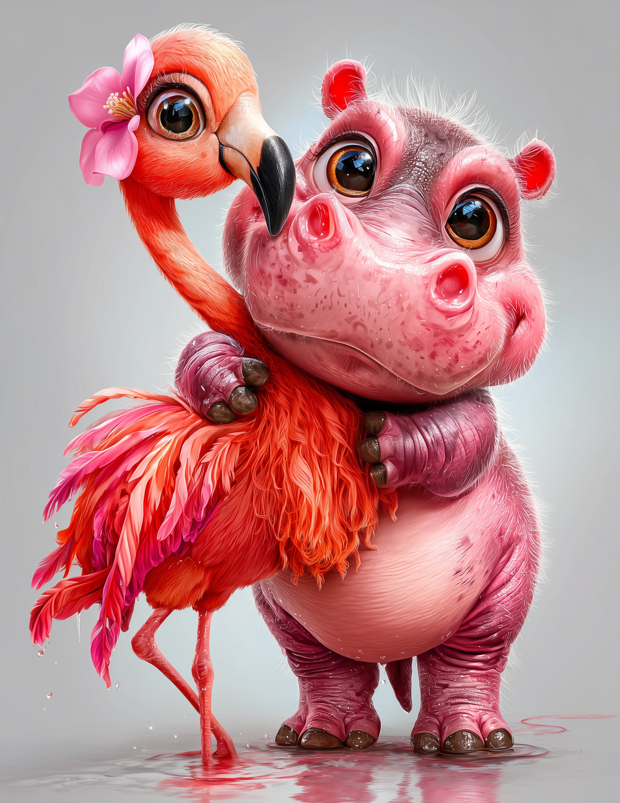 Flamingo & Hippo — Cute Cartoon Pink Dreamy Duo Wall Art, 3 Sizes Included, Nursery Decor