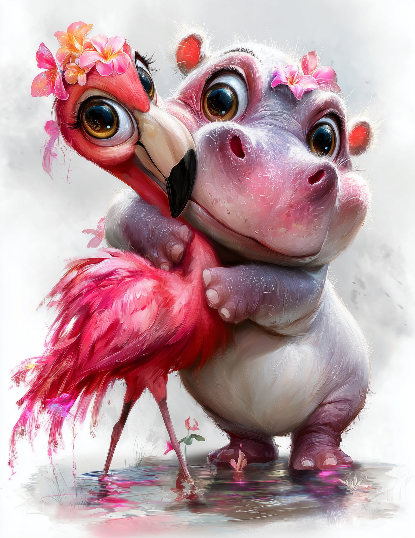Flamingo & Hippo — Cute Cartoon Soft Pastels Duo Wall Art, 3 Sizes Included, Nursery Decor