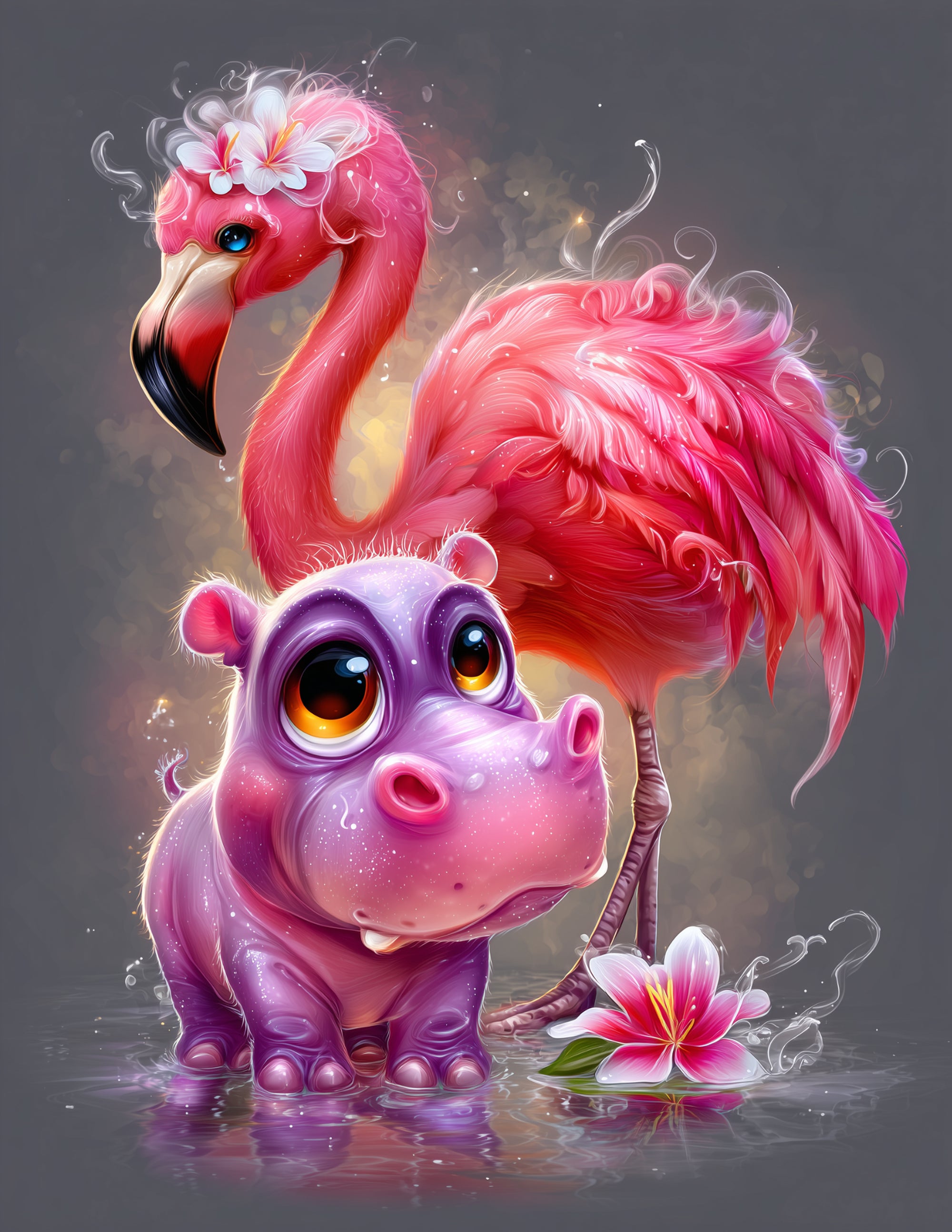 Flamingo & Hippo — Cute Cartoon Vibrant Palette Duo Wall Art, 3 Sizes Included, Nursery Decor