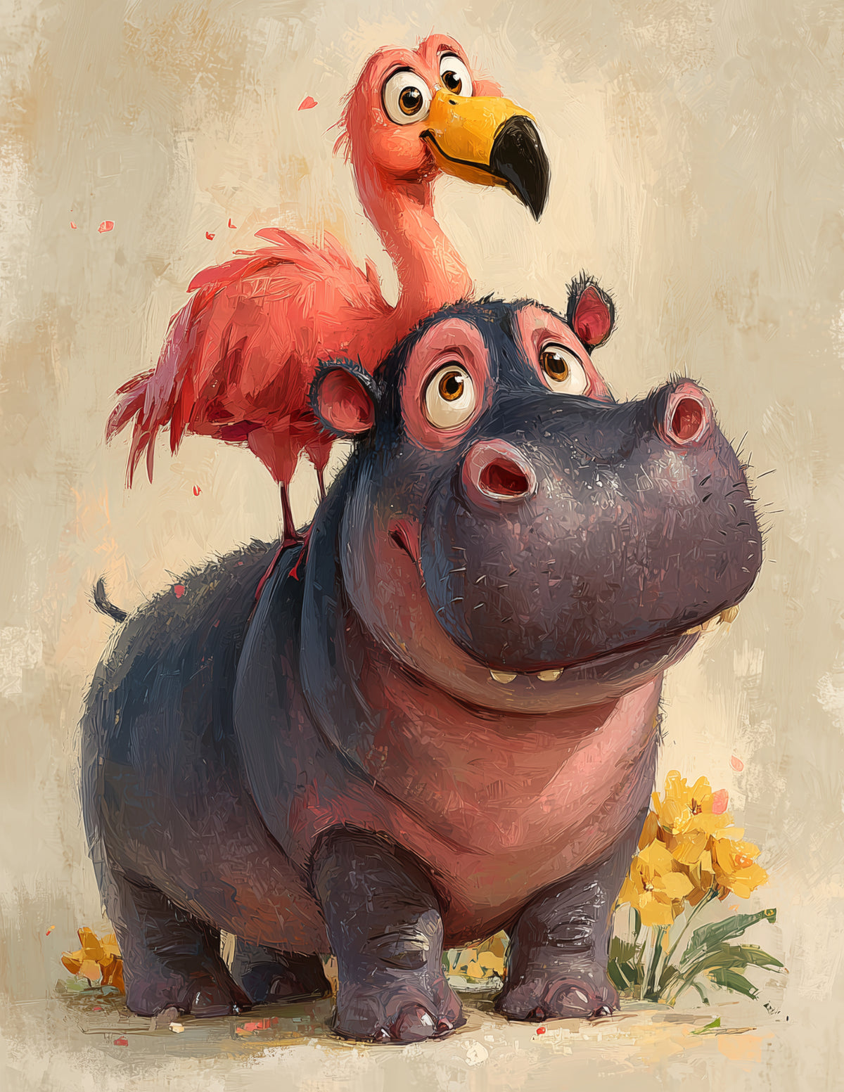 Flamingo & Hippo — Cute Cartoon Warm Tones Duo Wall Art, 3 Sizes Included, Nursery Decor