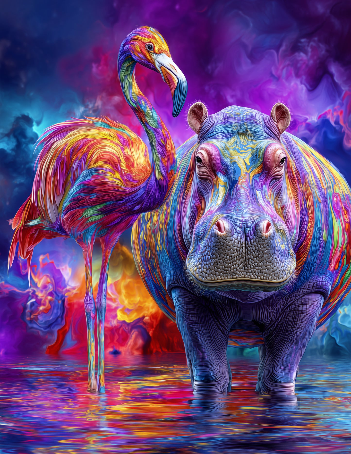 Flamingo & Hippo — Psychedelic Bold Contrast Duo Wall Art, 3 Sizes Included, Living Room Decor
