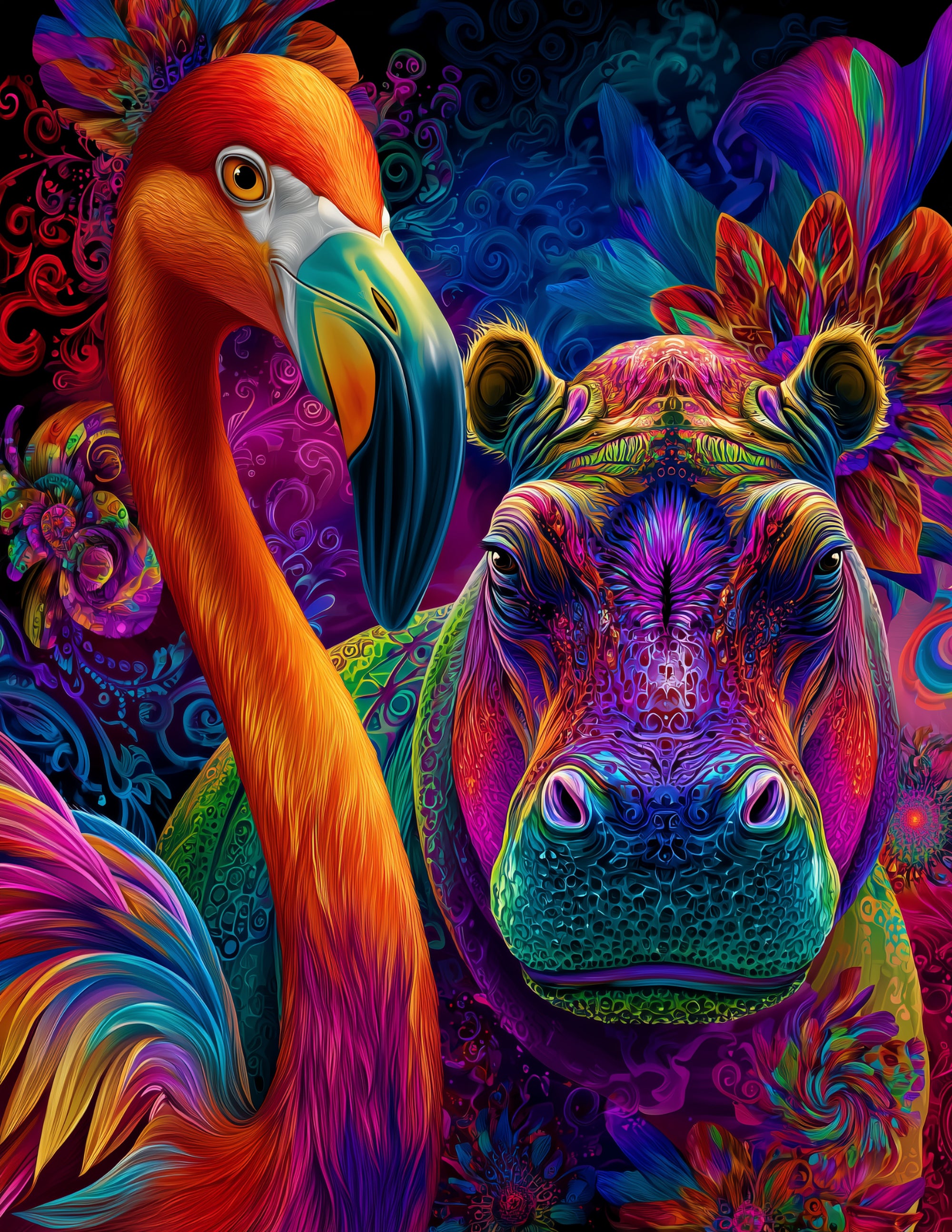 Flamingo & Hippo — Psychedelic Dreamy Tones Duo Wall Art, 3 Sizes Included, Living Room Decor