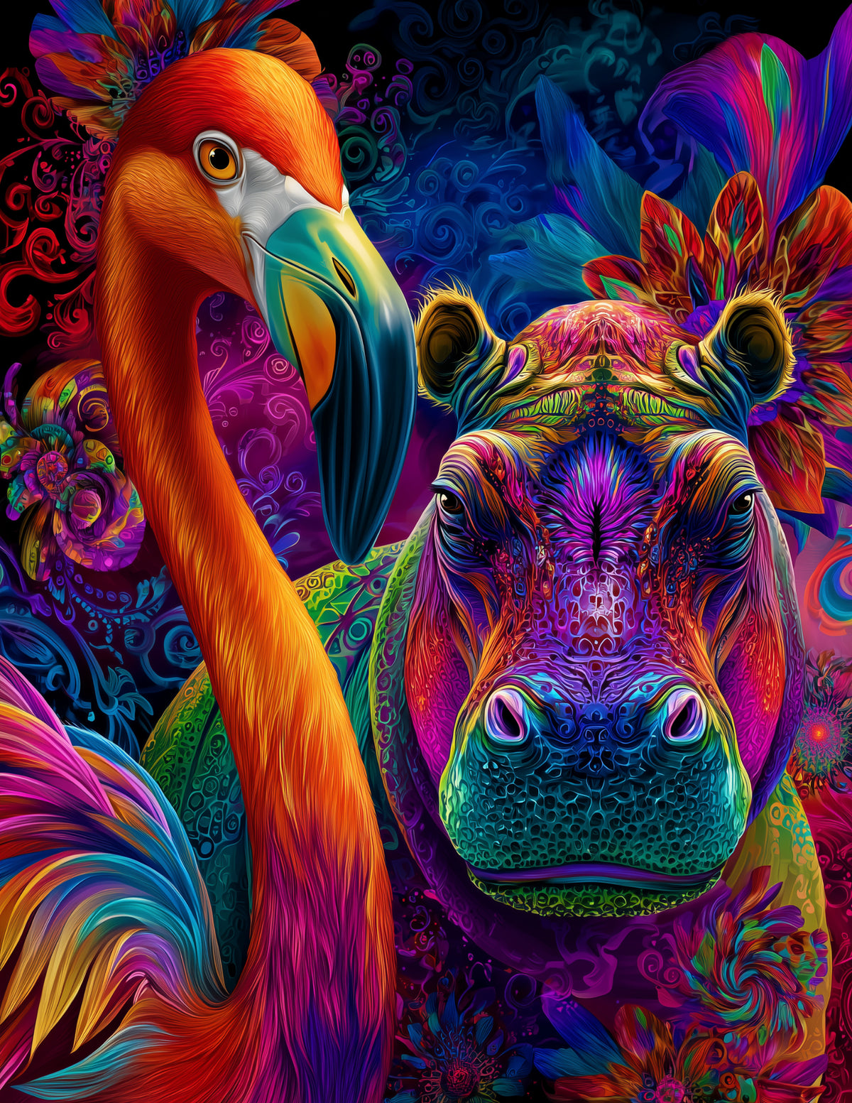 Flamingo & Hippo — Psychedelic Dreamy Tones Duo Wall Art, 3 Sizes Included, Living Room Decor