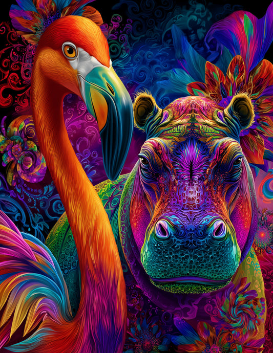 Flamingo & Hippo — Pyschedelic Dreamy Tones Duo Wall Art, 3 Sizes Included, Living Room Decor