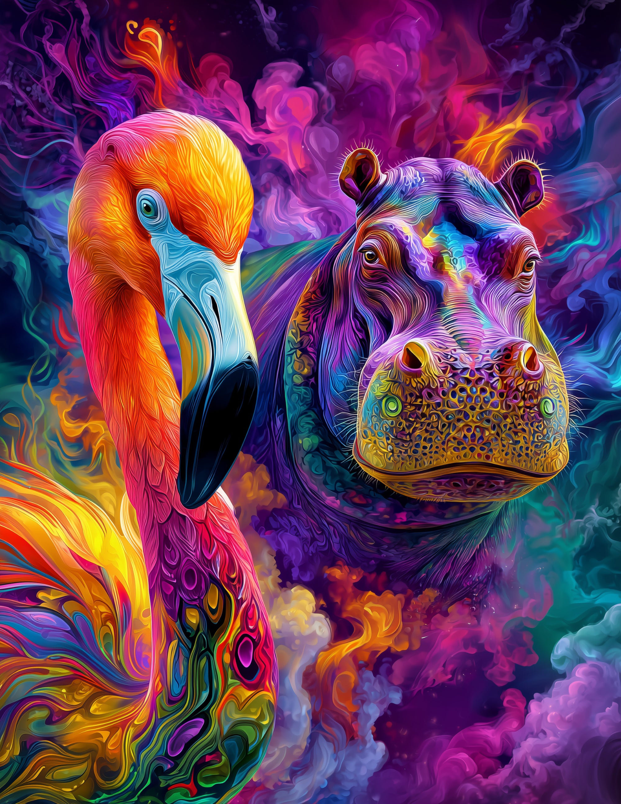 Flamingo & Hippo — Psychedelic Vibrant Palette Duo Wall Art, 3 Sizes Included, Living Room Decor