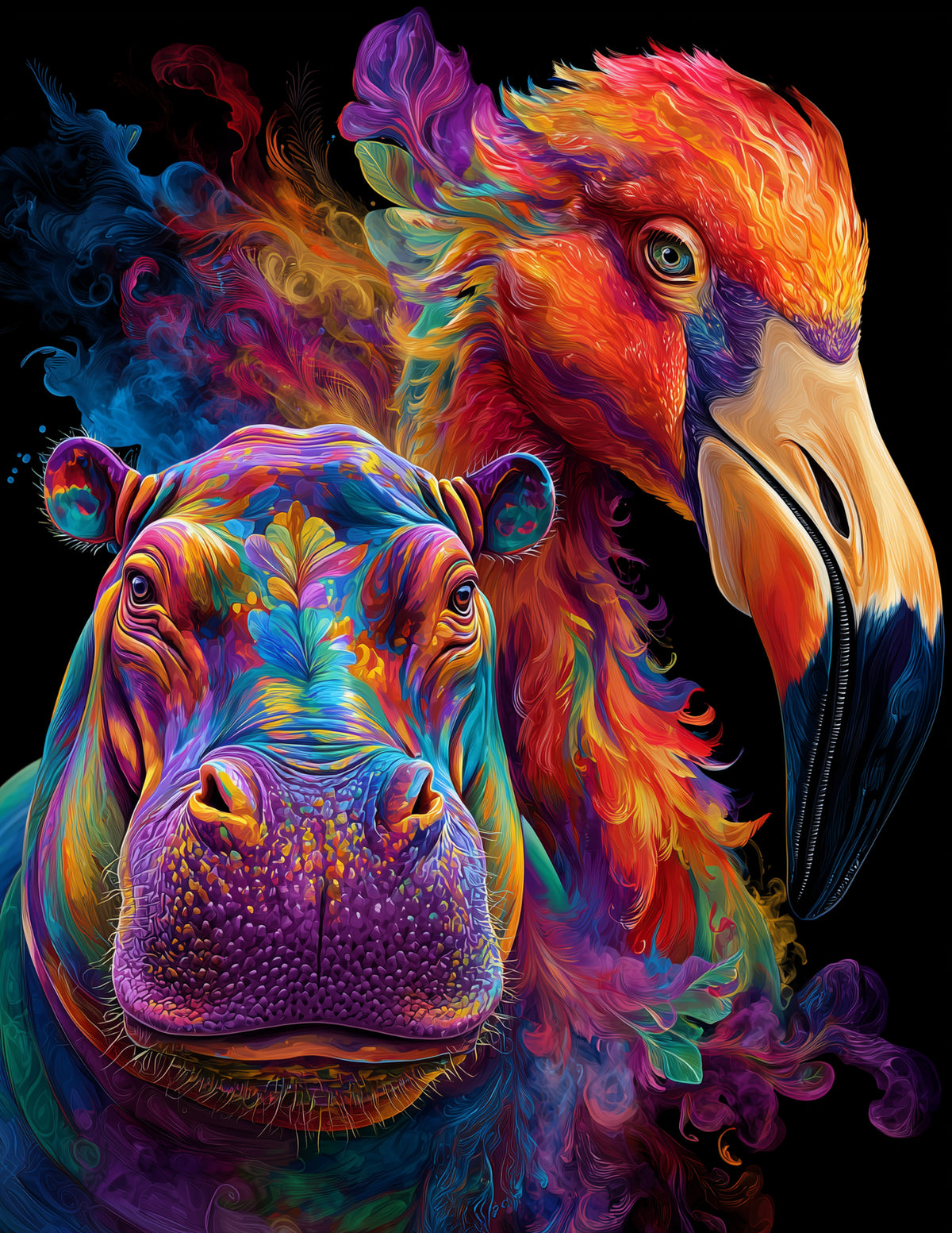 Flamingo & Hippo — Psychedelic Vivid Gradients Duo Wall Art, 3 Sizes Included, Living Room Decor