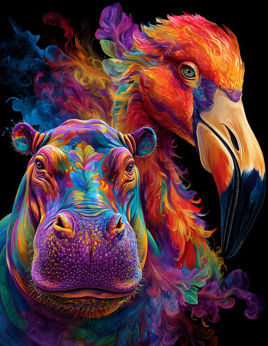 Flamingo & Hippo — Pyschedelic Vivid Gradients Duo Wall Art, 3 Sizes Included, Living Room Decor