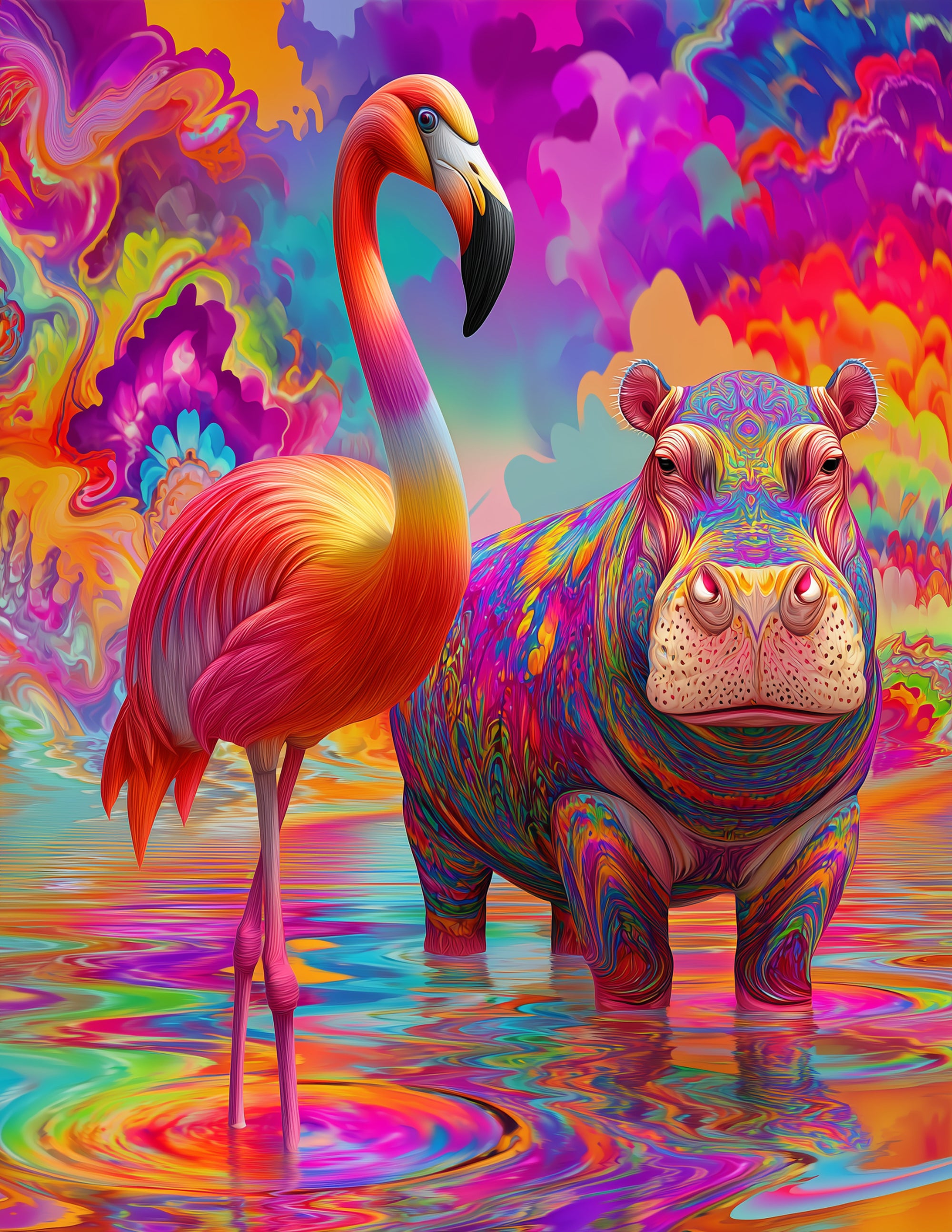 Flamingo & Hippo — Psychedelic Vivid Hues Duo Wall Art, 3 Sizes Included, Living Room Decor