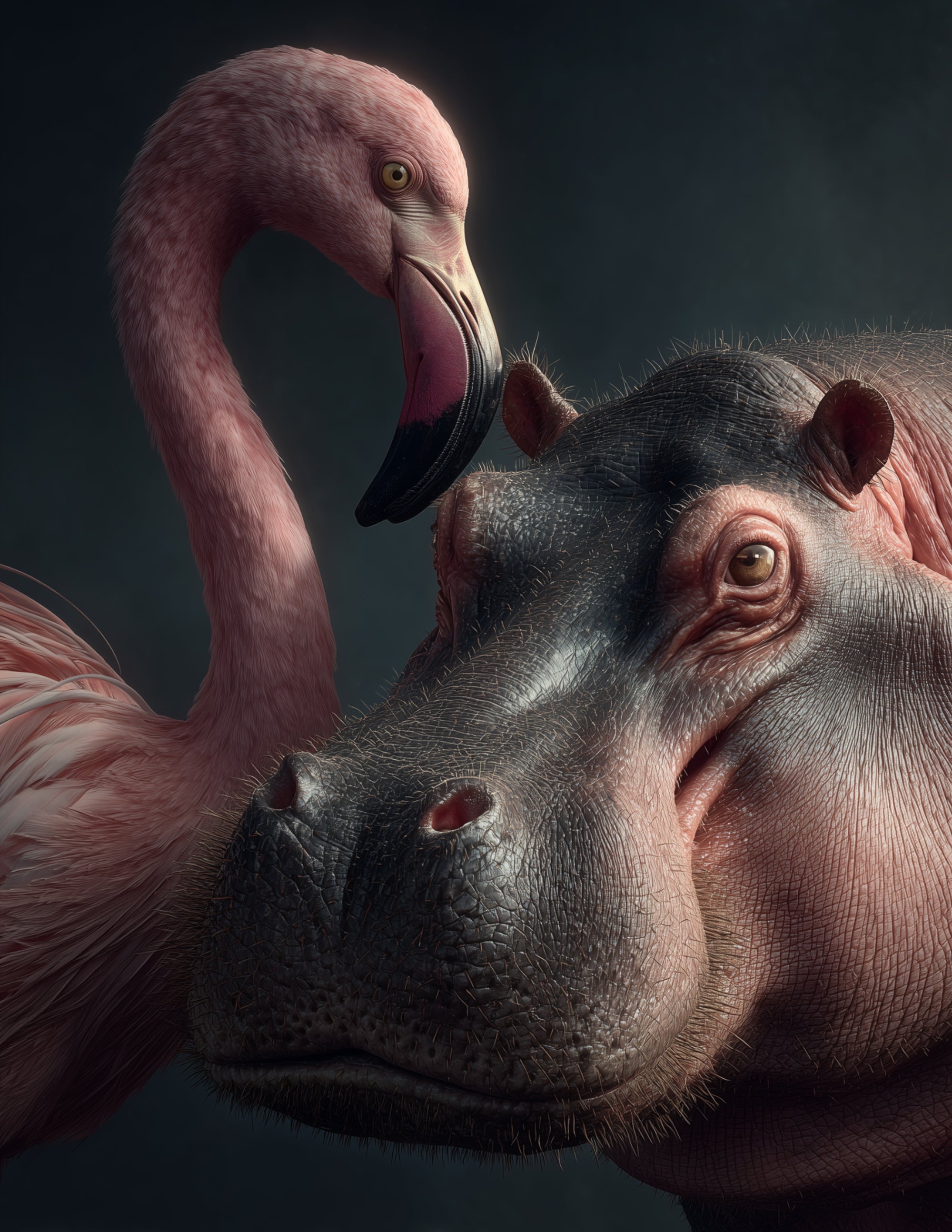 Flamingo & Hippo — Realistic Serene Pastels Duo Wall Art, 3 Sizes Included, Living Room Decor