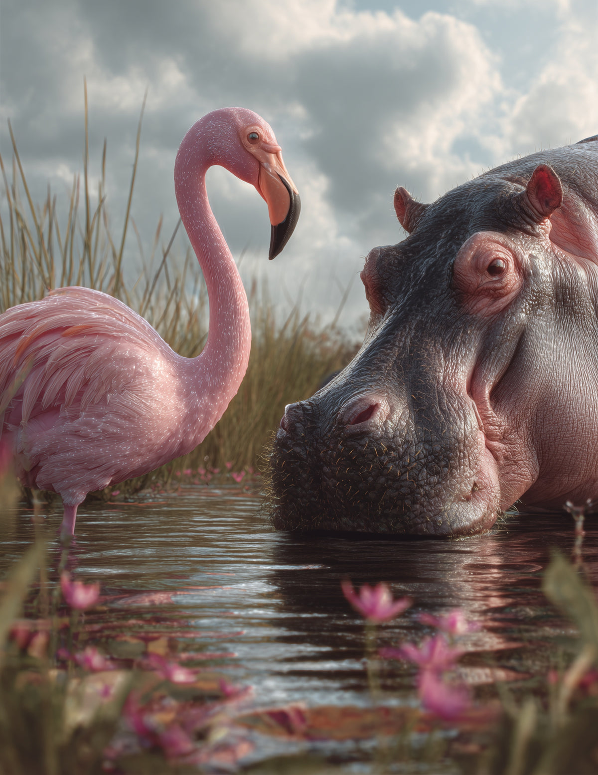 Flamingo & Hippo — Realistic Soft Tones Duo Wall Art, 3 Sizes Included, Living Room Decor