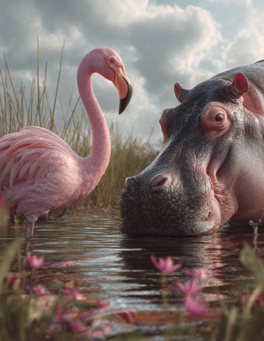 Flamingo & Hippo — Realistic Soft Tones Duo Wall Art, 3 Sizes Included, Living Room Decor