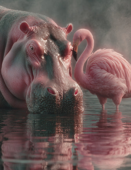 Flamingo & Hippo — Realistic Warm Hues Duo Wall Art, 3 Sizes Included, Living Room Decor