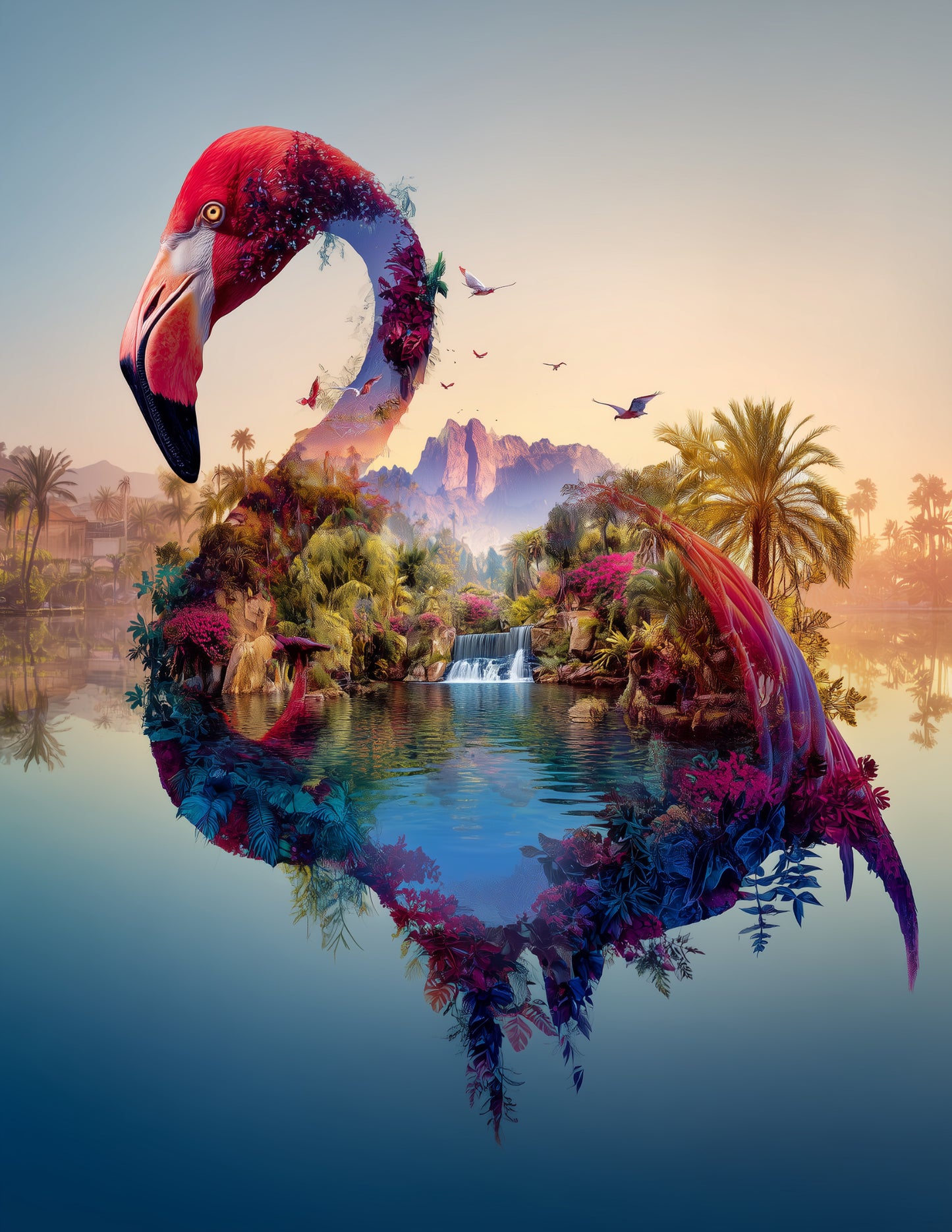 Flamingo — Double Exposure Art, Warm Hues Digital Wall Art, 3 Sizes Included, Living Room Decor