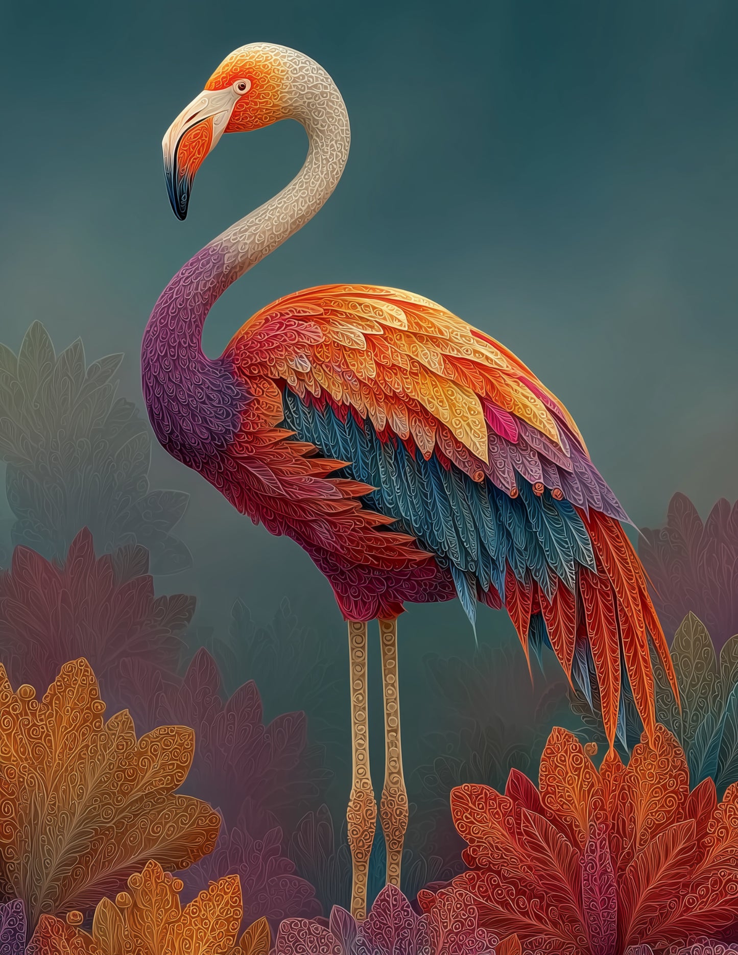 Flamingo — Fractal Filigree Art, Bold Tones Digital Wall Art, 3 Sizes Included, Living Room Decor