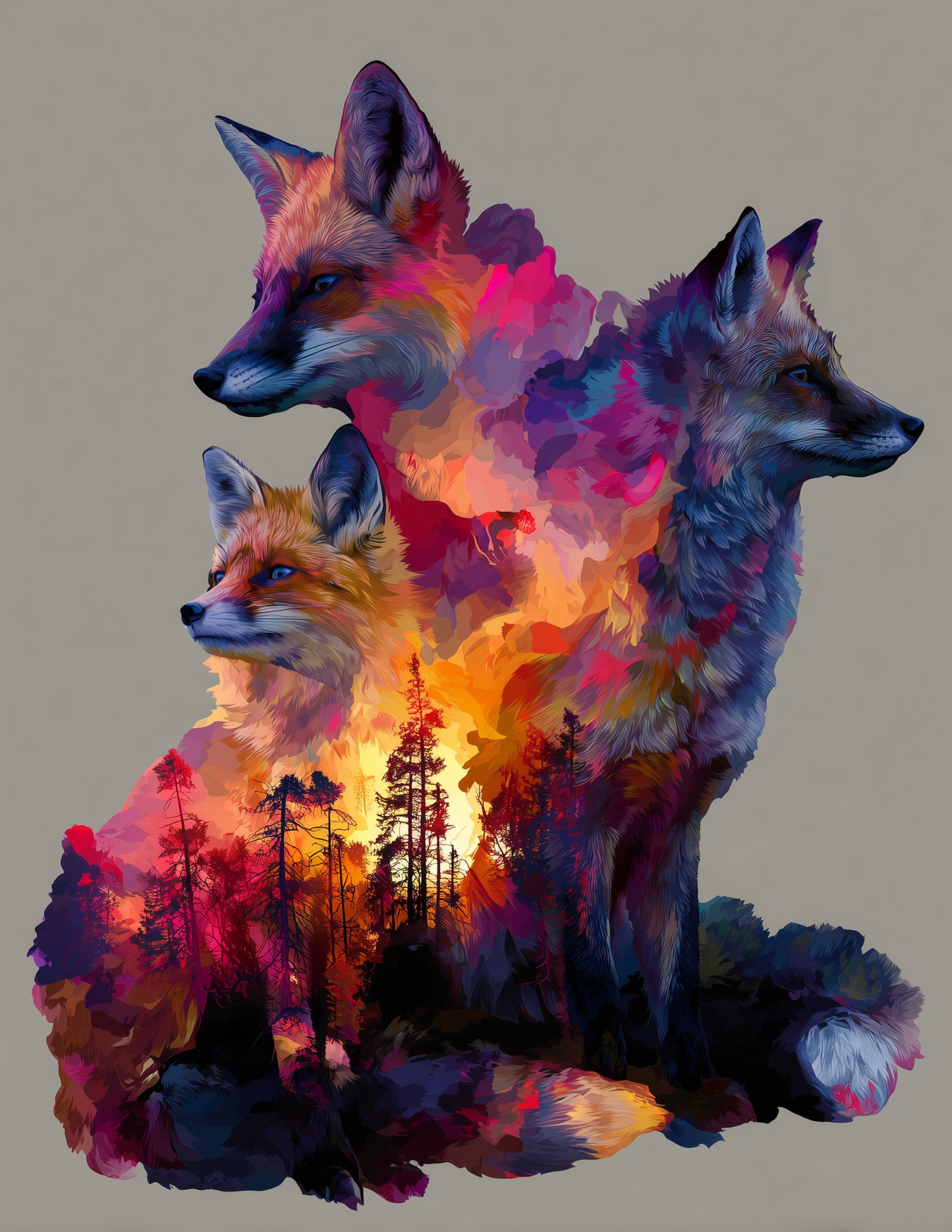Fox — Double Exposure Pack Art, Vibrant Palette Digital Wall Art, 3 Sizes Included, Living Room Decor