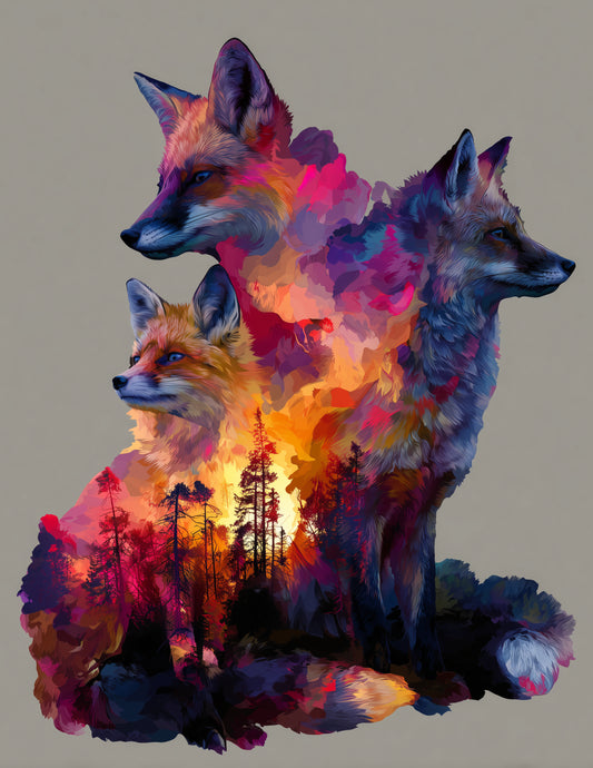 Fox — Double Exposure Pack Art, Vibrant Palette Digital Wall Art, 3 Sizes Included, Living Room Decor