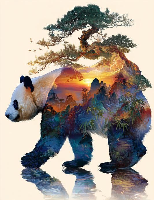 Giant Panda — Double Exposure Art, Emerald Tones Digital Wall Art, 3 Sizes Included, Living Room Decor