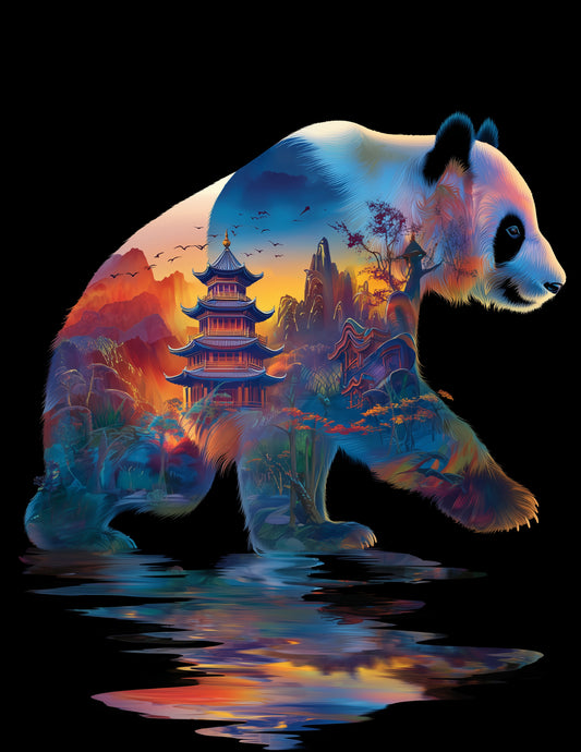 Giant Panda — Double Exposure Art, Sunset Palette Digital Wall Art, 3 Sizes Included, Living Room Decor