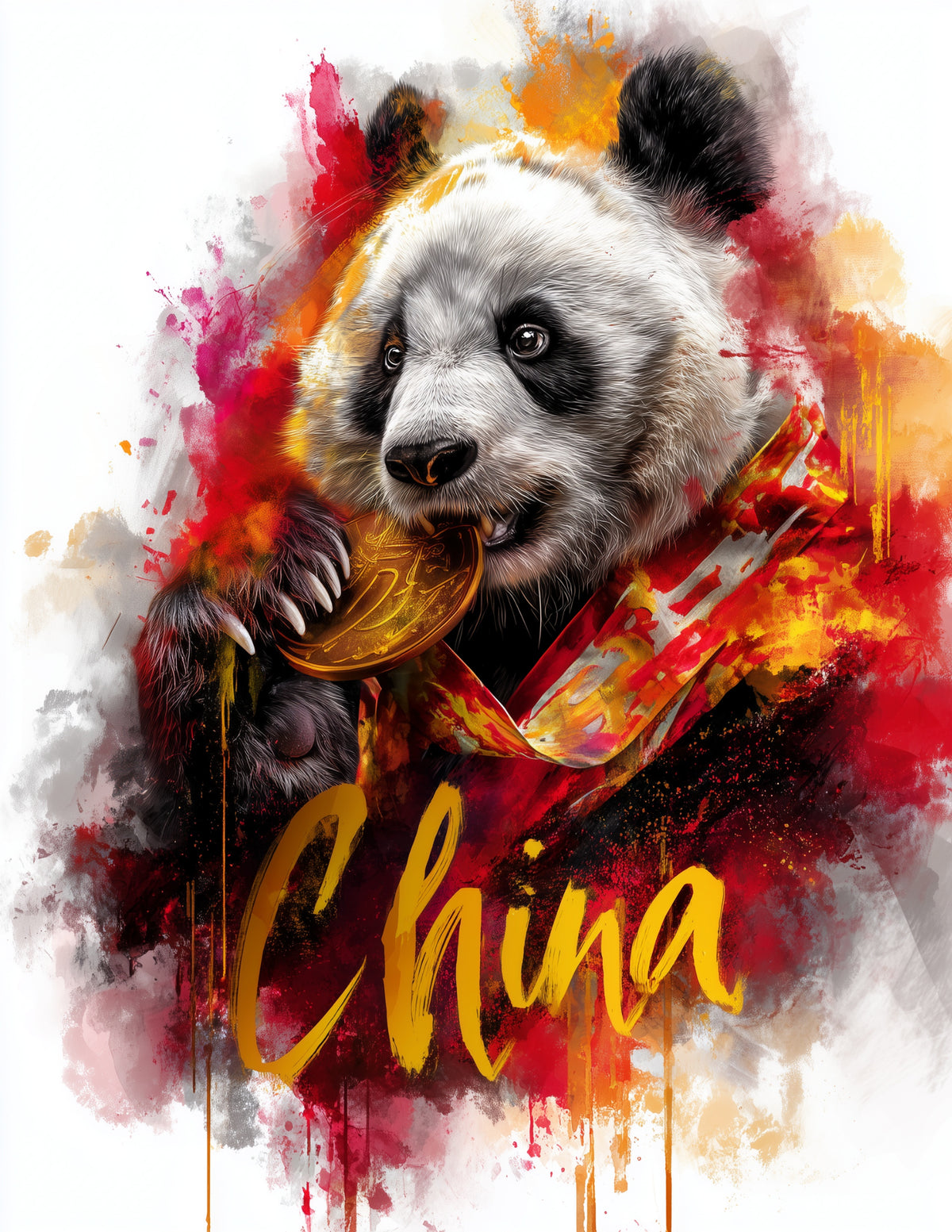 Giant Panda — Watercolor Personalized Art, Warm Tones Digital Wall Art, 3 Sizes Included, Living Room