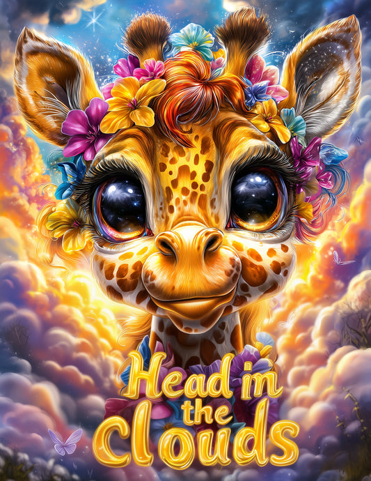 Giraffe — "Head in the clouds" Cute Cartoon Art, Vibrant Palette Digital Wall Art, 3 Sizes Included, Nursery Decor