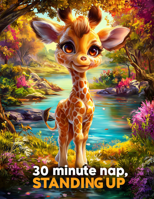 Giraffe — "Thirty minute nap, standing up" Cute Cartoon Art, Warm Pastels Digital Wall Art, 3 Sizes Included, Nursery Decor