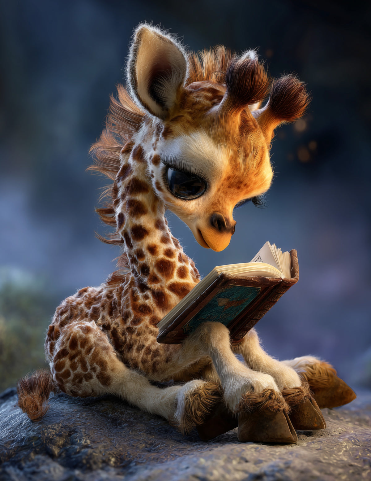 Giraffe — Fantasy Reading Art, Midnight Tones Digital Wall Art, 3 Sizes Included, Nursery Room Decor